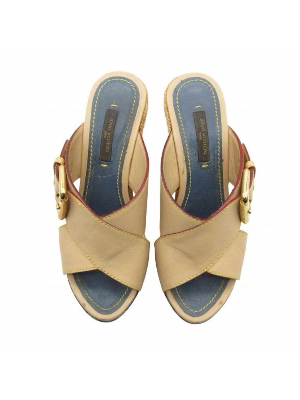Louis Vuitton Sandals Denim Monogram Espadrilles Wedge Sole Cross Belt Gold - Picture 3 of 9